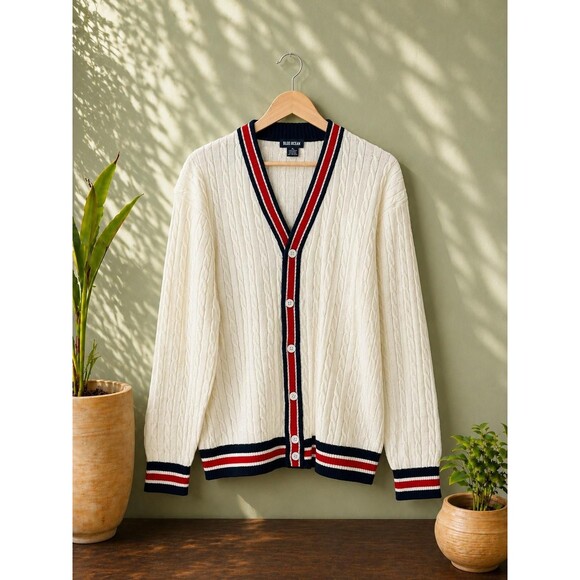 Blue Ocean Sweaters - Vintage 90s Ivory Cable Knit Cardigan Sweater XL Preppy Coastal Style XL